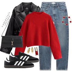 AMBERSTYLE | Happy Saturday 🍓🍎🍒 loving the pop of red x x | Instagram Red Shirt Outfits, Red Sweater Outfit, Look Adidas, Red X, Pop Of Red, Winter Fashion Outfits Casual, Stylish Work Outfits, Red Sweater