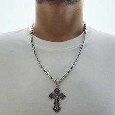 "1️⃣Silver chain Anchor without edges ✔️Silver 925 with blackening ✔️Weight 60 grams ✔️Length 60 cm/ 23,6 inches ✔️Carabiner lock 2️⃣Silver double-sided cross \"Crucifixion of Christ. Protection of the Blessed Virgin Mary. Vmch. George the Victorious. Orthodox cross\" . Art. 0135 ✔️Silver 925 with blackening ✔️Weight 13 grams (+- 1 grams) ✔️Size 61/33 mm (including lug) 45/33 (excluding eyelet) ✔️Possible production in: 🟡Gold 14K or 18K (red, yellow, white) 🌕24K gold plated sterling silver 🔘Silver with blackening or rhodium" Sterling Silver Cross Chain Jewelry, Sterling Silver Cross Chain Necklace As Gift, Sterling Silver Chain Necklace With Cross Pendant, Silver Cross Pendant Necklace With Box Chain, Sterling Silver Cross Chain Necklace For Gift, Silver Pendant Cross Necklace, White Gold Oxidized Cross Necklace, White Gold Cross Necklace With Oxidized Finish, Sterling Silver Cross Necklace With Box Chain