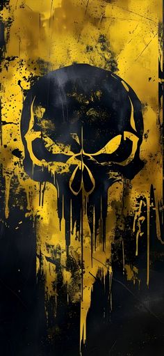 a yellow and black poster with a large skull on it's face, dripping paint