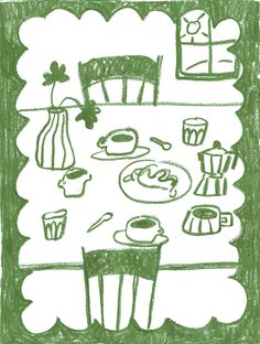 a drawing of food and drinks on a table