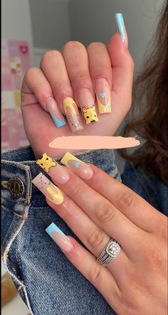 winnie the pooh nail art 💛🩵 #acrylic #nails #nailart #naildesign Winnie The Pooh Nail Art, Pooh Nail Art, Mosaic Nails, Simple French Tip, Disneyland Nails, Nails Grey, Disney Inspired Nails