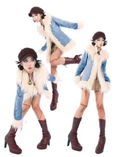 the woman is dressed up as a cowgirl with fur on her coat and boots