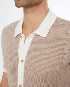 This Short Sleeve Button Up Sweater is lightweight and easy to layer, making it a great choice for warm weather. It’s knit from textured, tuck-stitched linen in two tones for contrast, while the collar, placket, cuffs and hem are ribbed. Spring Linen Top With Textured Knit, Textured Knit Linen Top For Spring, Spring Textured Knit Linen Top, Knitted Shirt, Button Up Sweater, Linen Short, Man Up, Linen Bag, Gentleman Style