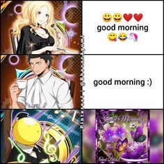 four different pictures with the words good morning in them