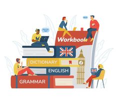 people sitting on top of books with the words workbook in english and other languages