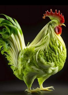 a close up of a chicken made out of lettuce on a black background