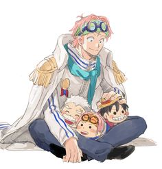 an anime character sitting on the ground with two small children and one is holding his head