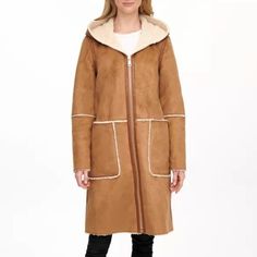 Dkny Hits All The Right Style Marks With This Gorgeous Faux-Shearling Coat Designed With An Attached Hood. Stylish And Warm! Beautiful Camel Color That Goes With Everything! Brand New With Tags. Sold Out. Approx. 40" Long From Center Back To Hem Convertible Collar With Attached Hood; Front Zipper Closure Two Top-Entry Pockets Faux-Shearling Lining Faux-Suede/Polyester Shell Size Xl. Relaxed Fit. Approximate Measurements: Armpit To Armpit: 23" Overall Length: 40'' Hooded Brown Fur Coat For Fall, Fall Fur Coat With Double-lined Hood For Cold Weather, Fall Cold Weather Fur Coat With Double-lined Hood, Fall Double-lined Hood Fur Coat For Cold Weather, Brown Fur Coat With Zipper For Fall, Hooded Shearling Outerwear For Winter, Brown Fur Coat With Zipper For Winter, Winter Brown Shearling Outerwear, Brown Shearling Outerwear For Winter