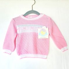 Vintage Baby Girl Pullover Knit Sweater Pink With White Stripe Across Front And White Bands And Cuffs Rocking Horses On Front Size 18 Months New With Tags Dead Stock Vintage Pink Cotton Pointelle Knit Sweater, White Knitted Sweater For Playtime, White Knit Sweater For Playtime, Pink Sweater For Spring Playtime, Pink Spring Sweater For Playtime, Playful White Knitted Top, Spring Pink Sweater For Playtime, Cute Knit Tops For Playtime, Pink Cotton Sweater For Playtime