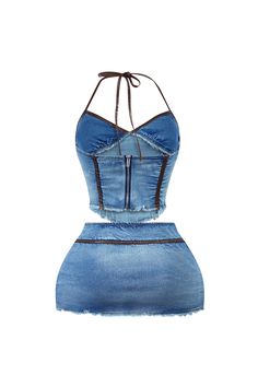 Washed denim bustier halter top featuring PU piping and frayed hem detail with back zipper closure Matching low rise mini skirt We recommend wearing pasties or no bra with this garment Runs true to size Fitted Denim Skirt With Frayed Hem In Y2k Style, Fitted Denim Skirt For Summer Club Events, Fitted Denim Skirt For Club And Summer, Two Piece Denim Skirt Set, Fitted Y2k Denim Skirt With Frayed Hem, Denim Mini Skirt Set, Mid-rise Denim Mini Skirt With Belt Loops, High-waisted Pleated Denim Mini Skirt, Luxury Denim Blue Mini Skirt