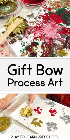 kids are painting with gold foil on paper and the words, gift bow process art play to learn preschool