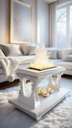 a living room filled with white furniture and a christmas tree on top of a coffee table