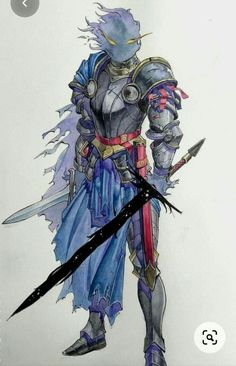 a drawing of a man in armor holding two swords