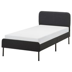 the bed frame is black and white with no sheets