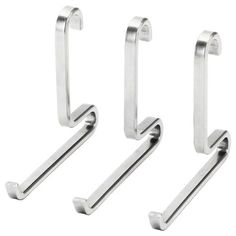 three stainless steel hooks on a white background