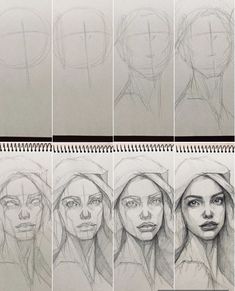 the steps in how to draw a woman's face with pencils on paper