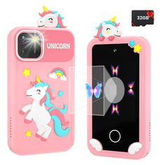 the unicorn phone case is pink with stars on it