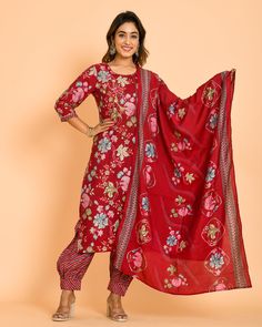 About: Introducing our sophisticated and elegant Magical Maroon Color Digital Printed Muslin Cotton Kurta & Afghani Pant with a Dupatta for Women. Made with high-quality materials, this set features a unique digital print that adds a touch of magic to your wardrobe. Perfect for any occasion, its comfortable fit and stylish design will make you stand out in the crowd. Upgrade your style game with this must-have set. Chest Size: Medium: 38 Inches Large: 40 Inches X-Large: 42 Inches XX-Large: 44 In Red Floral Print Straight Kurta Set, Spring Red Dupatta, Red Spring Dupatta, Red Salwar Kameez With Dupatta For Spring, Festive Bandhani Print Sets For Spring, Festive Spring Sets With Bandhani Print, Fitted Red Floral Print Kurta, Red Cotton Dupatta For Spring, Fitted Red Bandhani Print Palazzo Set