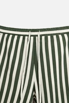 STRIPED LINEN-VISCOSE SHORTS - Green | ZARA United States Summer Short Pants With Drawstring, Summer Drawstring Short Pants, Green Bermuda Bottoms With Elastic Waistband, Green Summer Bottoms By Zara, Zara Green Shorts For Summer, Summer Bermuda Pants With Elastic Waistband, Zara Summer Green Bottoms, Zara Linen Summer Bottoms, Zara Linen Bottoms For Summer