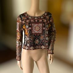 Bnwt Gorgeous Beaded And Thread Embroidered Zara Blouse Sz. L Back Is Sheer And Front Is Lined Fitted Party Tops With Intricate Embroidery, Fitted Multicolor Embroidered Tops For Party, Fitted Top With Multicolor Embroidery For Party, Festive Embroidered Evening Tops, Festive Black Tops With Intricate Embroidery, Fitted Tops With Multicolor Embroidery For Fall, Fitted Multicolor Embroidery Blouse For Party, Embroidered Long Sleeve Blouse For Night Out, Fitted Party Blouse With Multicolor Embroidery