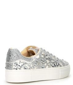 Silver Embellished Low-top Sneakers, Silver Embellished Sneakers With Round Toe, Silver Embellished Round Toe Sneakers, Silver Bedazzled Low-top Sneakers, Glamorous Rhinestone Sneakers With Round Toe, Glamorous Bling Sneakers With Round Toe, Glamorous Sneakers With Bling And Round Toe, Bedazzled Low-top Synthetic Sneakers, Bedazzled Synthetic Low-top Sneakers