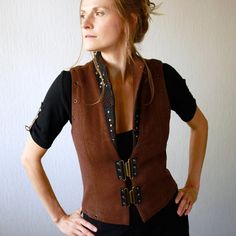 Woodland vest brown vest decorated with black lase Bohemian Brown Winter Vest, Steampunk Formal Sleeveless Vest, Brown Ren Faire Vest, Formal Steampunk Sleeveless Vest, Steampunk Sleeveless Vest With Buttons, Steampunk Vest, Brown Vest, Burning Man Fashion, Wool Vest