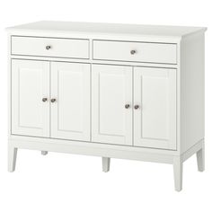 a white cabinet with three doors and two drawers