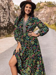 Effortlessly turn heads in our Enchanted Bloom Dress, featuring a stunning V-neck and eye-catching lantern sleeves. The vibrant print adds a touch of charm, while the flowy silhouette flatters all body types. Elevate your style with our must-have stunner. Color : Green Style : Boho Pattern Type : Floral, All Over Print Type : A Line Details : Contrast Lace, Knot, Ruffle Hem Neckline : Tie Neck Sleeve Length : Long Sleeve Sleeve Type : Bishop Sleeve Fit Type : Loose Length : Long Waist Line : Hig Bloom Dress, Lantern Sleeve Dress, Green Style, Boho Patterns, Bishop Sleeve, Elegant Chic, Lantern Sleeve, Smock Dress, Style Boho