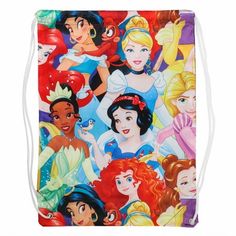 a drawsack bag with disney princesses all over it