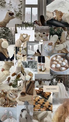 a collage of photos with teddy bears and other things in the snow on them