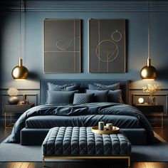 a bedroom with blue walls, gold accents and two paintings on the wall above the bed