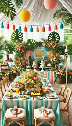 Discover 21 fun and fabulous bridal shower decoration ideas that will make your event a hit. From chic to playful, find the perfect decor here! --- A tropical-themed bridal shower setup with vibrant colors and lush greenery. The decorations include tropical flowers, palm leaves, and colorful table settings. The tables are adorned with bright tablecloths, exotic fruits, and tiki torches. There is a cocktail station with tropical drinks and a dessert table featuring pineapple-shaped cookies and a tropical-themed cake. Bridal Shower Setup, Cocktail Station, Bridal Shower Decoration, Colorful Table Setting, Tropical Drinks, Parisian Theme, Boho Outdoor, Bridal Shower Inspo, Shaped Cookies