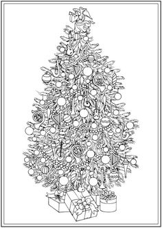 a black and white christmas tree with presents