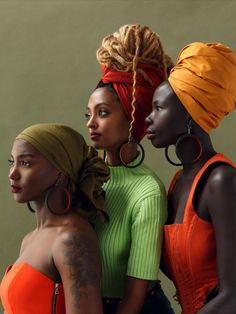 Three black African women pose in colorful headwraps and hoop earrings, wearing green, orange, and yellow. Teeny Weeny Afro, Big Curls, Happy Women, African Women, Black Is Beautiful, Strong Women, Head Wraps, Girls Night, Emerald Green