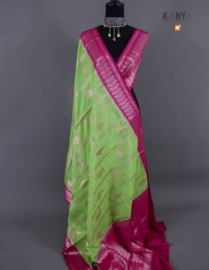 Experience the luxurious feel of our Lime Green ColorRupian Silk with a striking magenta border. Made with high-quality silk, this vibrant saree will make you stand out with its elegant and eye-catching design. Perfect for any occasion, elevate your style with this beautiful and unique piece. Transitional Green Cotton Silk Dupatta, Designer Cotton Silk Pre-draped Saree With Border, Designer Dupatta With Border Detail, Designer Silk Pre-draped Saree With Border, Elegant Green Cotton Silk Saree, Silk Pre-draped Saree With Border For Designer Wear, Green Tissue Silk Dupatta, Green Tissue Silk Dupatta For Transitional Season, Green Pre-draped Saree With Border