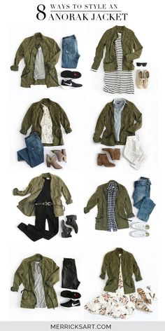 Merrick's Art // Style + Sewing for the Everyday Girl : 8 Ways to Style an Olive Jacket Olive Green Jacket Outfits, Green Jacket Outfit, Olive Jacket, Olive Green Jacket, Clothes And Shoes, Army Jacket, Outfit Jeans, Mode Casual, Fashion Capsule