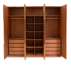 an open wooden closet with drawers and shelves