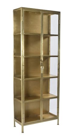 a tall metal bookcase with glass doors on the front and bottom shelves in gold