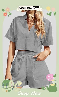 V Neck Crop Blouse Pockets Shorts Set Shorts Set Two Piece, Short And Top Set Two Pieces, Short Sets For Women Two Pieces, Two Piece Shorts Set, Pant Suits For Women, Women Suits, Womens Suits, Streetwear Mode, Pant Suits