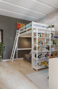 there is a bunk bed in the room with bookshelves and toys on it