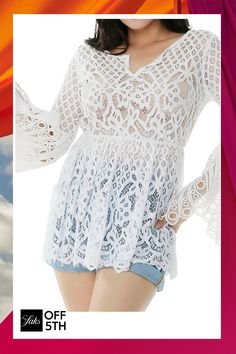 Lace Coverup Top Stretch Long Sleeve Lace Top For Summer, V-neck Crochet Top For Brunch, Long Sleeve Lace Top For Summer Beach, Vacation Long Sleeve Lace Top, Summer Stretch Lace Top With V-neck, Stretch V-neck Lace Top For Summer, Stretch Lace V-neck Top For Summer, Elegant Long Sleeve Crochet Top For Beach, Fitted Long Sleeve Lace Top For Beach