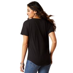 Cotton-knit comfort and ease, complete with charming graphic. Perfect for ride time, barn time, or just plain down time. Screenprint logo and neck label 100% cotton ImportedAriat Viva Mexico T-Shirt | Women's Viva Mexico T-Shirt in Black Cotton, Size: Large by Ariat Comfortable Fit Black Casual T-shirt, Casual Black T-shirt With Comfortable Fit, Casual Black Comfortable T-shirt, Trendy Black Soft-washed Tops, Comfortable Black Cotton Top, Black Casual Tops With Comfortable Fit, Professional Bull Riders, Team Roping, Bull Riders