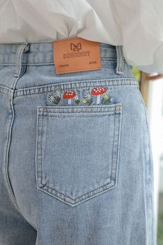 Mushroom Clothing, Embroidered Mushrooms, Embroidered Mom Jeans, Clothing Aesthetic, Cottagecore Fashion, Cottagecore Style, Pocket Jeans, Tapered Legs, Jeans Style