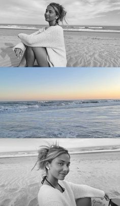 two different pictures with one woman sitting on the beach