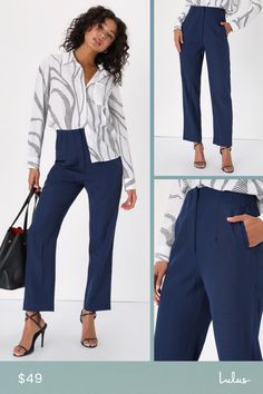 Behind every successful woman, is the Lulus Build Your Dreams Navy Blue Straight Leg Trouser Pants! These chic office pants are composed of woven fabric that shapes a high-waisted fit with a top clasp, hidden button-closure, and zip fly. Two functional welt pockets top relaxed, straight pant legs that end at a trendy ankle-length hem. Exposed seam detailing gives these pants a tailored finish! Fit: This garment fits true to size. Length: Ankle length. Size medium Inseam: 28.25 Front Rise: 13.25 High Waist Bottoms For Business Casual, Office Lady Style, Tailored High Waist Pantsuit For Office, Tailored Blue Wide Leg Pants For Office, Office Lady Workwear Pants With Pockets, Tailored High Waist Pantsuit For Workwear, Office Lady Style Trousers For Work, Office Lady Style Trousers For Office, Tailored Blue Wide Leg Pants For Work, Blue Tailored Wide Leg Pants For Work