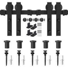 an assortment of hardware and screws on a white background