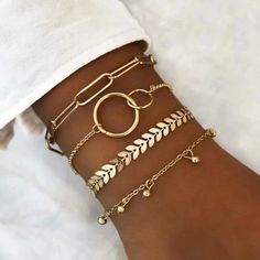 Dainty Gold 4 Piece Bracelet Set, Arrow Bracelet, Gold Ball, Paperclip, Interlocking Circles Bracelet Length:6.5 Inches Gold Tone Charm Bracelets, Bracelet Set, Vines, Bracelet, Chain, For Women, Pattern, Gold, Color