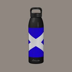 a blue and white water bottle with the scottish flag painted on it's side