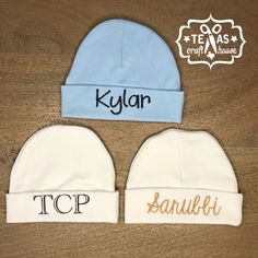 Look at our adorable personalized newborn hat! This hat makes the perfect accessory for any newborn to wear with their going home outfit. It looks fabulous in newborn photos as well. THE DETAILS ✄ The hats are Laughing Giraffe brand and will fit 0-6 months. They are 100% cotton. These are not hospital standard hats ✄ I embroider each and every item to ensure quality ✄ Due to the custom nature all sales are final ✄ Based On Design and Color, Final Design Colors or Item Colors May Appear Slightly Personalized Cotton Birthday Hat, Personalized Blue Cotton Hats, White Personalized Cotton Hat, Personalized White Cotton Hat, Cute Personalized White Hat, Personalized Newborn, Newborn Baby Hats, Going Home Outfit, Newborn Hat