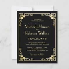 a black and gold wedding card with an ornate frame on the front, featuring a white envelope